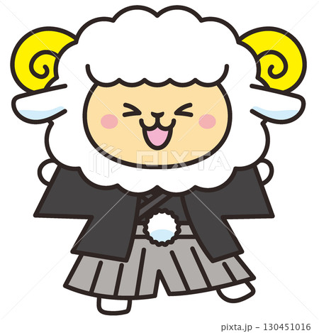 お正月　未年　和装の羊　喜ぶ羊のキャラクター 130451016