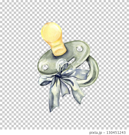 Watercolor pacifier with bow. cute monochrome nursery clipart for baby designs 130451243