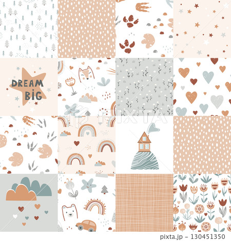 Neutral beige seamless patchwork quilt kawaii pattern for babies and newborns. Cute childish vector background, delicate pastel palette. Neutral beige seamless patchwork quilt kawaii pattern for babies and newborns. Cute childish vector background, delicate pastel palette. 130451350