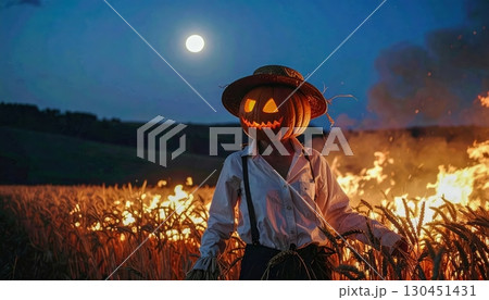 Mysterious pumpkin head figure in burning cornfield with glowing face under moonlight in spooky haunted Halloween scene 130451431