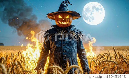 Terrifying pumpkin scarecrow glowing in burning cornfield with full moon in background creating eerie Halloween scene 130451448
