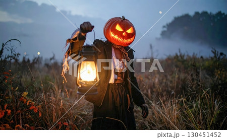 Person with glowing carved pumpkin head holding lantern in misty field at night with spooky haunted Halloween mood 130451452