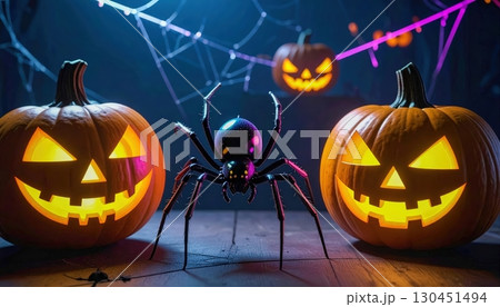 Halloween pumpkins glowing in the dark with spider crawling on web, spooky jack o lantern faces shining at night, creepy decoration for holiday horror atmosphere and festive celebration 130451494