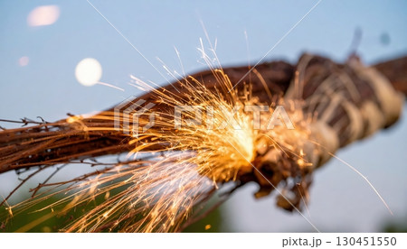 Close up of sparking broom with glowing fire particles, magical Halloween witch tool with bright energy, fantasy mystical detail in night atmosphere 130451550