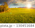 mountain landscape with forest in autumn at sunset. beautiful countryside in the highland. grove on the hill in colorful foliage under sky in evening light. nature background for outdoor adventure 130451684