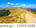 mountain dirt road through grassy alpine meadow. wonderful outdoor adventure in autumn afternoon light. hiking through krasna ridge of transcarpathia, ukraine. clouds on the blue sky 130451686