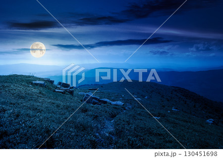 mountain landscape in summer at night. green hill and blue sky. scenic nature background for travel in alpine scenery. peaceful view in full moon light mountain landscape in summer at night. green hill and blue sky. scenic nature background for travel in alpine scenery. peaceful view in full moon light 130451698