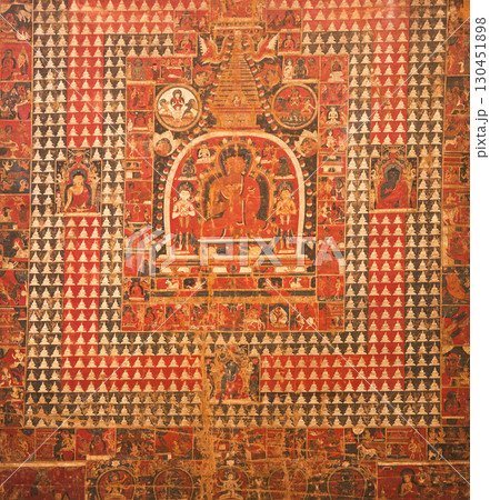 Tathagata Vairochana - One Of Five Dhyani Buddhas. Laksha-chaitya Pata Is Symbolic Offering Of One Hundred Thousand Chaityas -stupas- To God. Ritual Observed By Buddhist Devotees Which Involves Tathagata Vairochana - One Of Five Dhyani Buddhas. Laksha-chaitya Pata Is Symbolic Offering Of One Hundred Thousand Chaityas -stupas- To God. Ritual Observed By Buddhist Devotees Which Involves 130451898