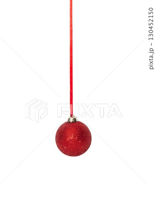 Composition of one red Christmas and New Year ball with red ribbon on white background Composition of one red Christmas and New Year ball with red ribbon on white background 130452150