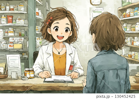 美優シリーズ：薬局の窓口で薬剤師が患者に処方薬を笑顔で渡しているシーン 130452425