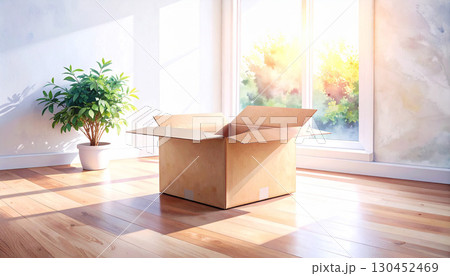 窓辺に置かれた段ボール箱と観葉植物　引越しや新生活をイメージした室内風景 130452469