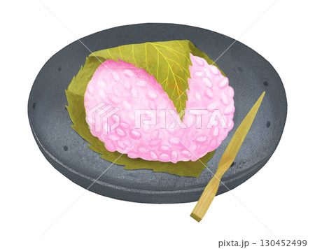 桜もちのイラスト - 皿と竹串付き 130452499