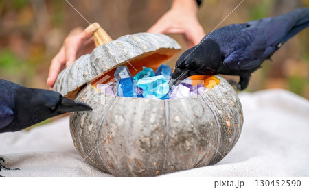 Enchanted ravens pecking into a carved pale pumpkin filled with glowing gems, magical and eerie forest atmosphere 130452590