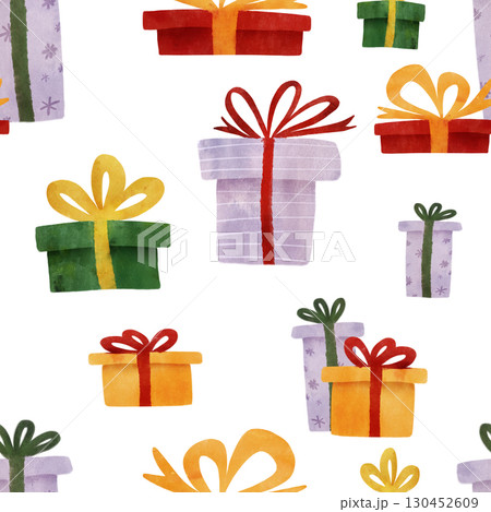 Watercolor gift boxes with colorful bows in red, green, gold, purple. Whimsical children's illustration for Christmas, holidays, birthdays, invitations, wrapping paper, kids' crafts, seamless pattern 130452609