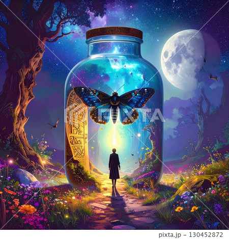 Enchanted glowing jar with giant mystical moth under full moonlight in magical forest path with fantasy Halloween atmosphere 130452872