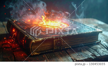Ancient magical book glowing with smoke and fire on wooden table in dark haunted Halloween atmosphere 130453035