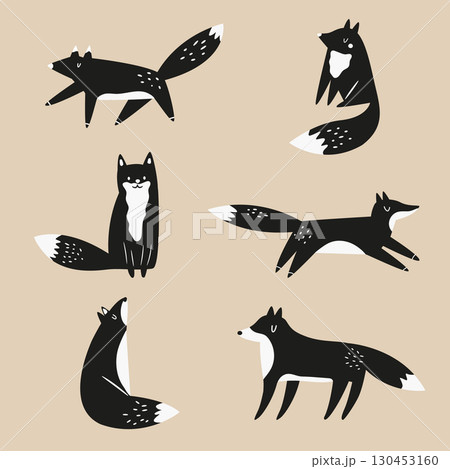 Cute Black Fox Illustration Set. Minimal Scandinavian Animal Vector illustration 130453160