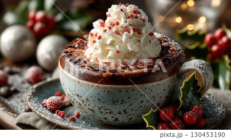Creamy hot cocoa topped with whipped cream and red sprinkles, surrounded by festive decorations 130453190