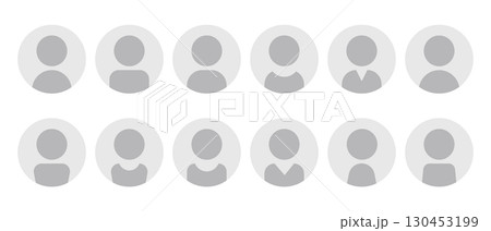 Avatar set with grayscale user profiles in circles, gender neutral silhouettes, person icons in flat cartoon style. 130453199