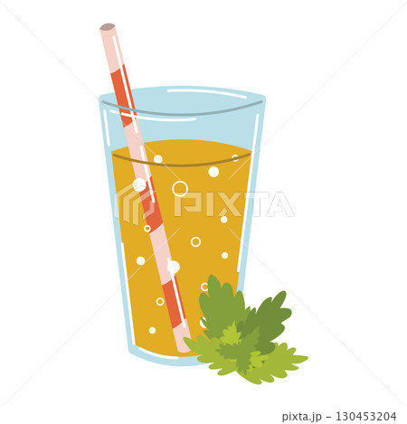 Kombucha tea drink in glass with straw and fresh mint in flat cartoon style. 130453204