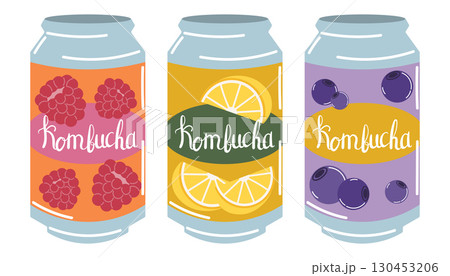 Kombucha tea drink set in aluminum cans with three flavors - raspberry, lemon, blueberry in flat cartoon style. Kombucha tea drink set in aluminum cans with three flavors - raspberry, lemon, blueberry in flat cartoon style. 130453206