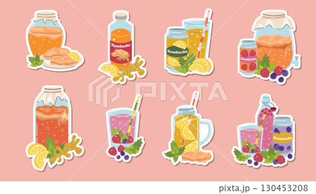 Kombucha compositions stickers set in flat cartoon style with bottles, jar, glasses and cans. Kombucha compositions stickers set in flat cartoon style with bottles, jar, glasses and cans. 130453208