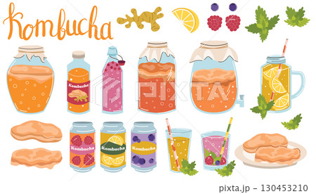 Kombucha collection with drinks in bottles, glasses and aluminum cans in flat style. 130453210