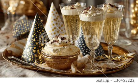Festive celebration with champagne flutes and whipped cream dessert on tray, surrounded by party hats 130453222
