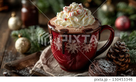 Festive red mug with hot cocoa topped with whipped cream and candy cane pieces, surrounded by holiday decor. Cozy and inviting 130453346