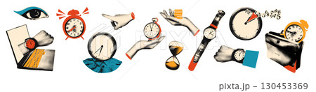 Time management business concept halftone art collage cut outs set. Various paper clipping shapes, stickers with vintage dotted texture and doodles. Modern retro grunge mixed media vector illustration 130453369