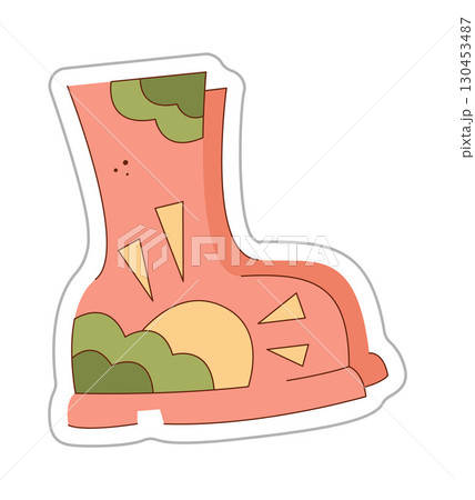 A sticker depicting rubber boots, sun and clouds. Color hand drawn clipart illustration. 130453487