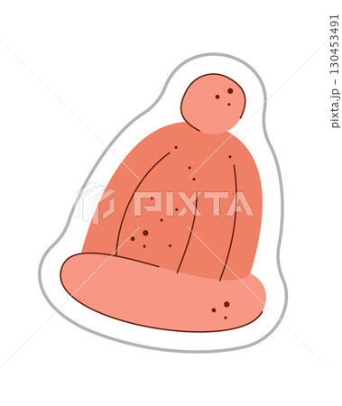 Sticker of knitted hat with pompon. Color hand drawn clipart illustration. Sticker of knitted hat with pompon. Color hand drawn clipart illustration. 130453491