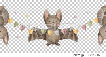 Border bat holds party garland of flags. Watercolor illustration halloween mouse hand drawn in childish style. Seamless banner isolated from background for design of cards, invitations, nursery decor Border bat holds party garland of flags. Watercolor illustration halloween mouse hand drawn in childish style. Seamless banner isolated from background for design of cards, invitations, nursery decor 130453608