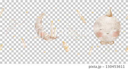 Seamless border moon in party hat, crescent with candles. Watercolor illustration hand drawn in childish halloween style, banner isolated on background for design of cards, invitations, nursery decor Seamless border moon in party hat, crescent with candles. Watercolor illustration hand drawn in childish halloween style, banner isolated on background for design of cards, invitations, nursery decor 130453611