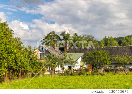 Landscape of Adrspach-Teplice Rocks area, in Hradec Kralove Region in the Czech Republic, Europe. Charming country house surrounded by lush greenery, evoking a sense of tranquility and rural living. 130453672