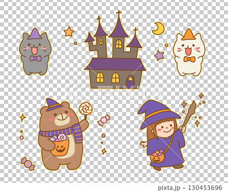 Cute Halloween character and castle illustration set / witch, bear, cat 130453696