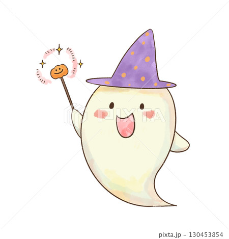 かぼちゃのステッキを振りかざすかわいい水彩タッチのおばけイラスト かぼちゃのステッキを振りかざすかわいい水彩タッチのおばけイラスト 130453854