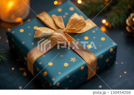 Elegant Christmas gift box wrapped with golden ribbon is laying on dark background with bokeh lights and pine tree branches Elegant Christmas gift box wrapped with golden ribbon is laying on dark background with bokeh lights and pine tree branches 130454208
