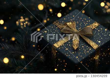 Elegant black gift box with a gold ribbon is lying under a Christmas tree with warm lights, creating a cozy and festive atmosphere Elegant black gift box with a gold ribbon is lying under a Christmas tree with warm lights, creating a cozy and festive atmosphere 130454209