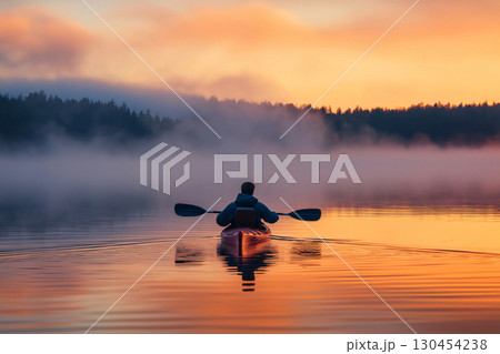 Man is paddling his kayak on a misty lake at sunrise, surrounded by beautiful and colorful reflections on the water Man is paddling his kayak on a misty lake at sunrise, surrounded by beautiful and colorful reflections on the water 130454238
