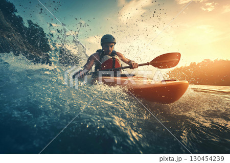 Kayaking through river rapids at sunset, the man paddles with energy and speed, embracing the challenge of the water sport 130454239
