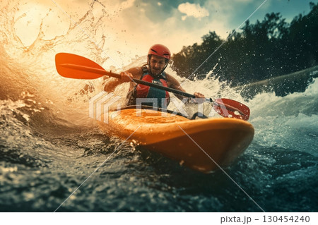 Kayaker is navigating through rough waters, paddling with determination as splashes of water engulf him 130454240