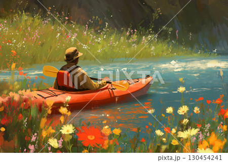 Man is kayaking down a peaceful river, surrounded by vibrant wildflowers on a sunny day 130454241