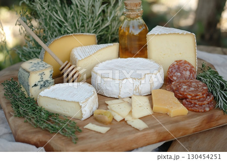 Luxurious cheese board is presenting a variety of cheeses and meats, accompanied by honey and herbs, creating an enticing culinary display 130454251