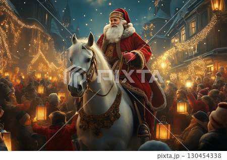 Saint Nicholas riding a white horse through a town square at night, while townspeople are holding lanterns, celebrating the Christmas holiday season 130454338