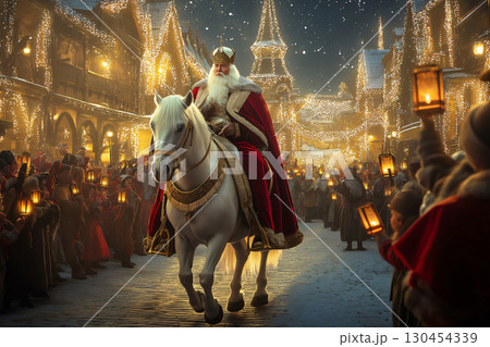 Saint Nicholas riding a white horse through a bustling Christmas market, with people holding lanterns and celebrating 130454339