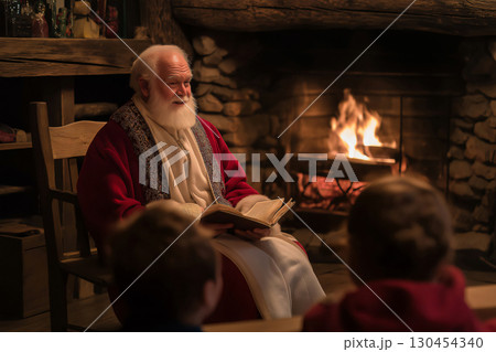 Saint Nicholas sitting in a wooden rocking chair, reading a story from a book to children by the fireplace 130454340