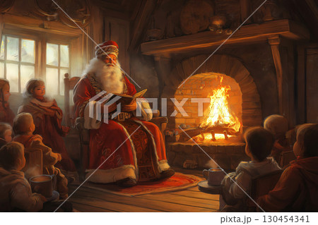 Saint Nicholas is reading a story to children sitting by a fireplace in a cozy room 130454341