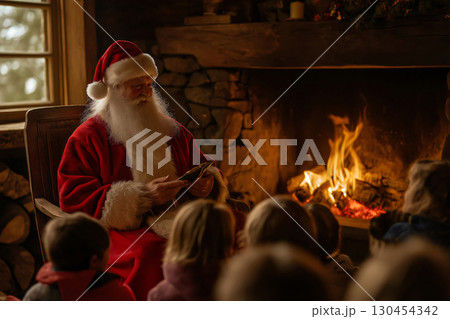 Santa Claus sitting in rocking chair by fireplace reading Christmas stories to children 130454342