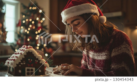 Teenage girl wearing a Santa hat is decorating a gingerbread house in a kitchen with a Christmas tree in the background 130454343